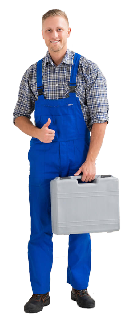 Fotografía recortada de un técnico sonriendo haciendo un gesto de pulgar hacia arriba mientras sujeta una maleta de herramientas